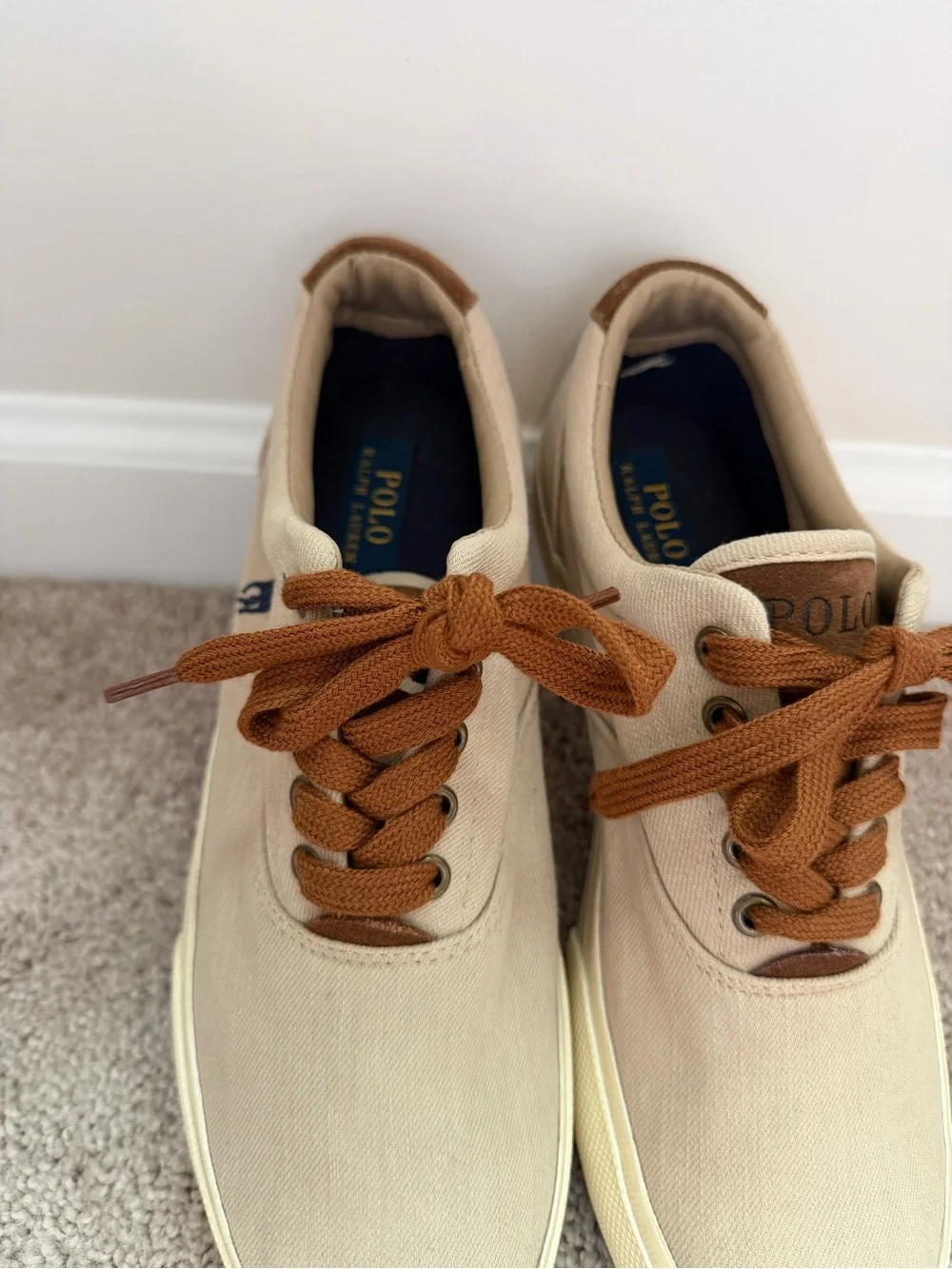 Polo by Ralph Lauren Men’s Beige Canvas Sneakers with Brown Laces and Navy Pony